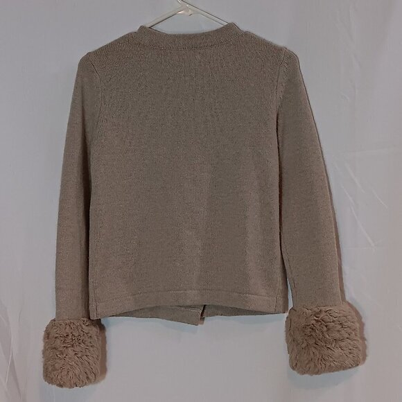 Banana Republic Cardigan Sweater Women's XS Faux Fur Cuffs Beige Wool Cashmere - Picture 5 of 8